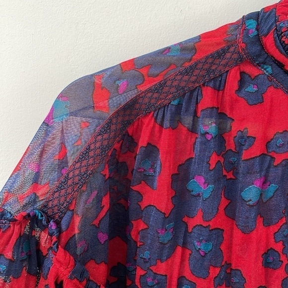 Free People Love Letter Boho Tunic Top Longsleeve Button down Blouse Blue Red XS - Picture 5 of 9